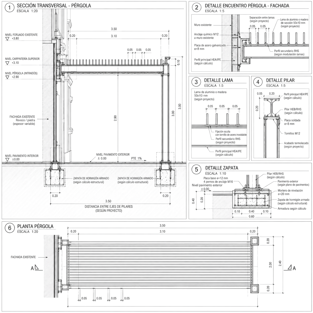 Lámina técnica de pérgola con lamas